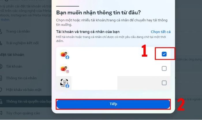 Chọn trang Facebook của bạn và nhấn Tiếp