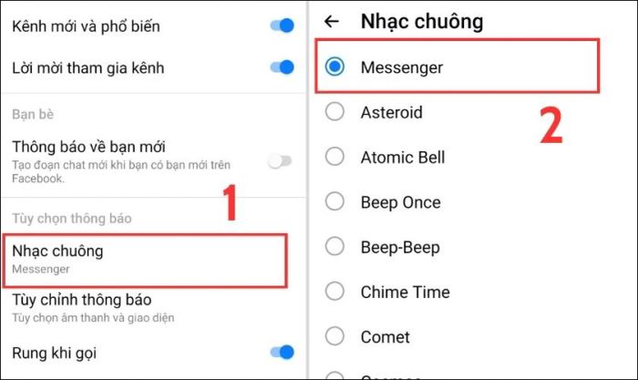 Nhấn chọn Nhạc chuông để cài đặt âm thanh yêu thích cho thông báo Messenger
