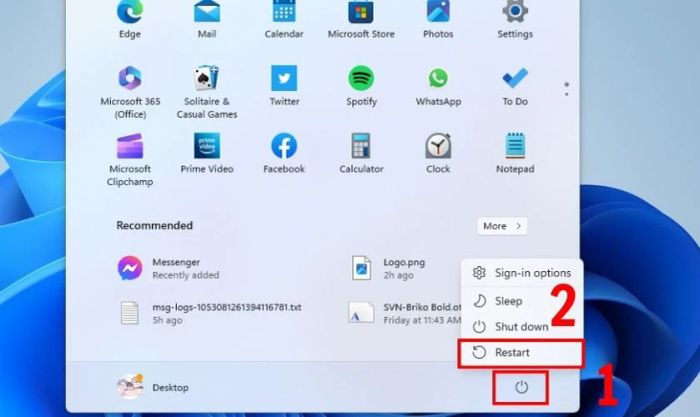 Nhấn nút Windows, chọn Power, rồi chọn Restart.