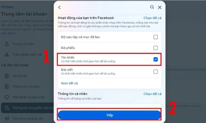 Chọn Tin nhắn và nhấn Tiếp