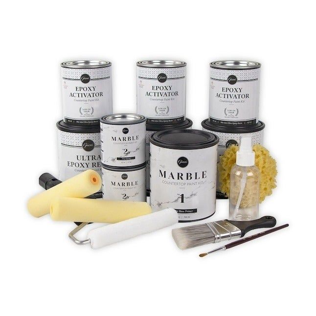 Everything you need for resurfacing marble with paint, including cans and all necessary tools to restore the beauty of your countertops.
