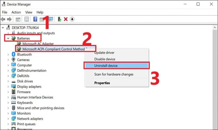 Truy cập vào Microsoft ACPI-Compliant Control Method Battery và chọn Uninstall device