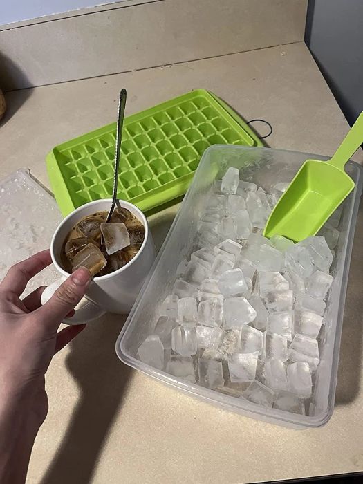 A reviewer’s ice cube tray displayed on a kitchen countertop, showing the storage and use setup.