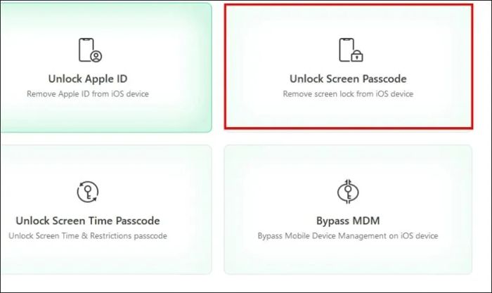 Khởi động phần mềm và chọn Unlock Screen Passcode.