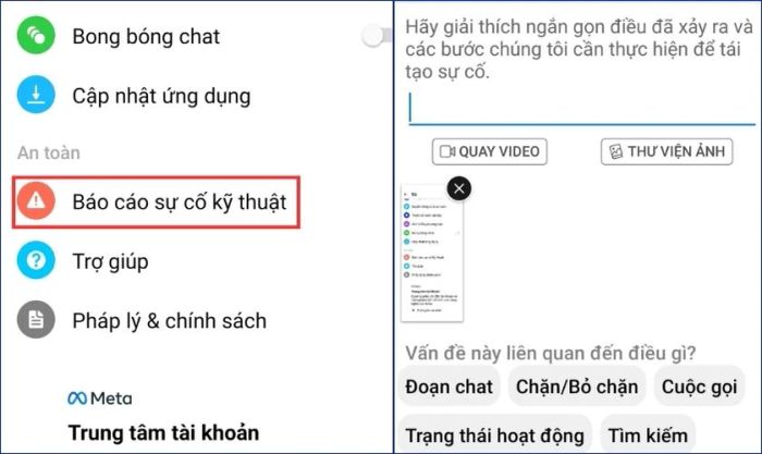 Cuộn xuống tìm chọn Báo cáo sự cố kỹ thuật