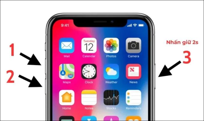 Bạn nhấn đồng thời các phím Tăng âm lượng + Giảm âm lượng + giữ nút nguồn trong 2 giây để khởi động lại điện thoại