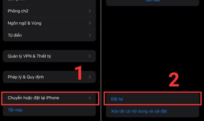 Tiếp theo, bạn vào mục Chuyển hoặc đặt lại iPhone và chọn Đặt lại