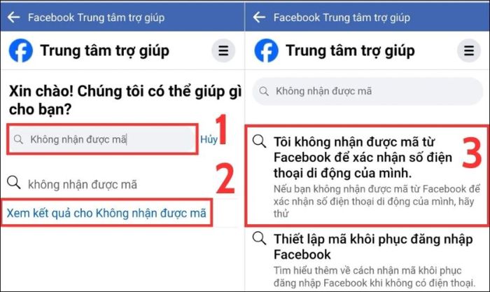 Trên thanh tìm kiếm, bạn nhập cụm từ “không nhận được mã” rồi nhấn tìm kiếm
