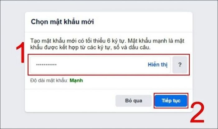Nhập mật khẩu mới và nhấn Tiếp tục để hoàn thành quy trình khôi phục tài khoản.