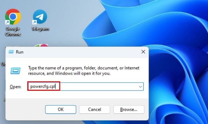 Nhấn tổ hợp Win + R, sau đó nhập powercfg.cpl và nhấn Enter