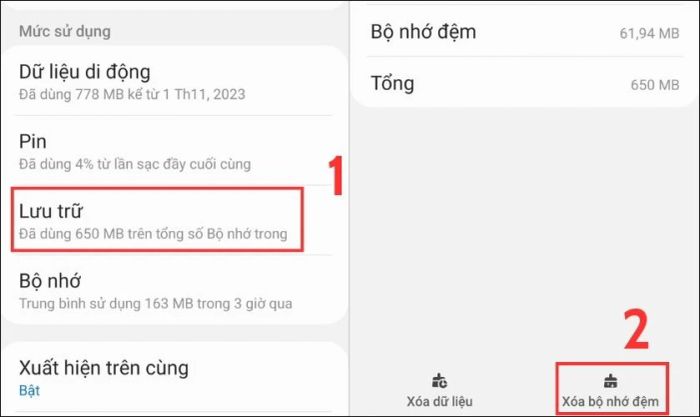 Ở mục Lưu trữ, bạn chỉ cần chọn Xóa bộ nhớ đệm để hoàn tất quá trình.