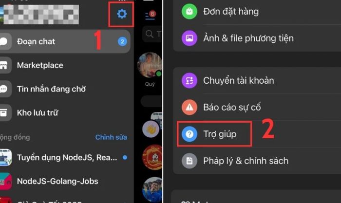 Chọn biểu tượng cài đặt (bánh răng), sau đó cuộn xuống và tìm mục Trợ giúp