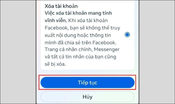 Chọn trang cá nhân bạn muốn xóa, ấn Xóa tài khoản rồi tiếp tục nhấn Tiếp tục.