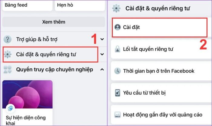 Đầu tiên, mở Facebook và chọn mục Cài đặt và quyền riêng tư, sau đó nhấn vào Cài đặt
