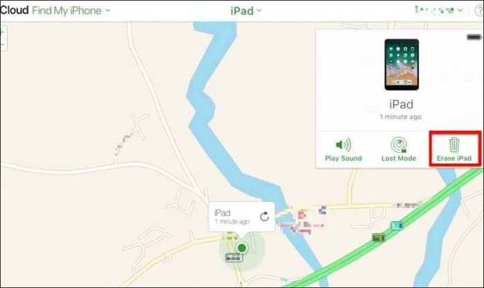 Ở góc trên bên phải màn hình, chọn iPad cần khôi phục và nhấn vào Erase iPad.