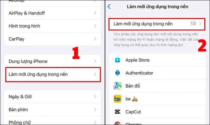 Tìm và chọn mục Làm mới ứng dụng trong nền và tắt nó đi