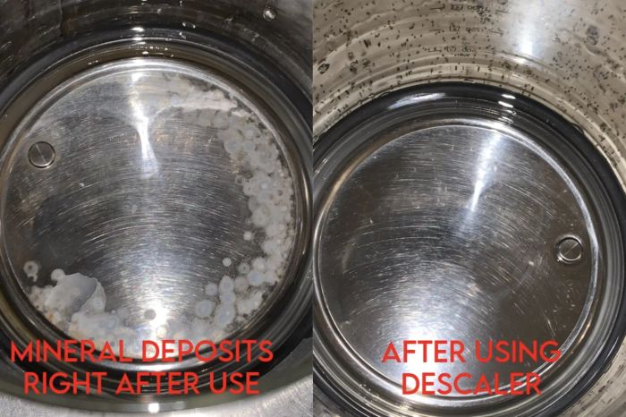 A before-and-after image of mineral deposits being removed from an electric kettle after using the descaling solution.