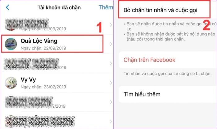 Nhấn vào tài khoản người đó và chọn lệnh Bỏ chặn tin nhắn và cuộc gọi