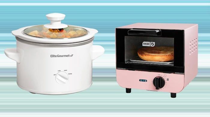 A 1.5-quart slow cooker and a compact single-slice toaster.