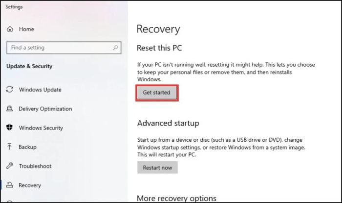 Tại mục Reset this PC, bạn hãy nhấn chọn Get Started để tiếp tục.