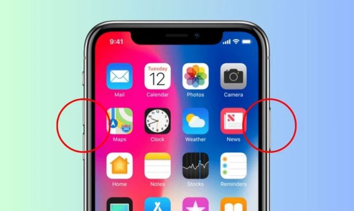 Nhấn và giữ đồng thời nút Volume và nút Nguồn để khởi động lại iPhone khi gặp sự cố không lên nguồn