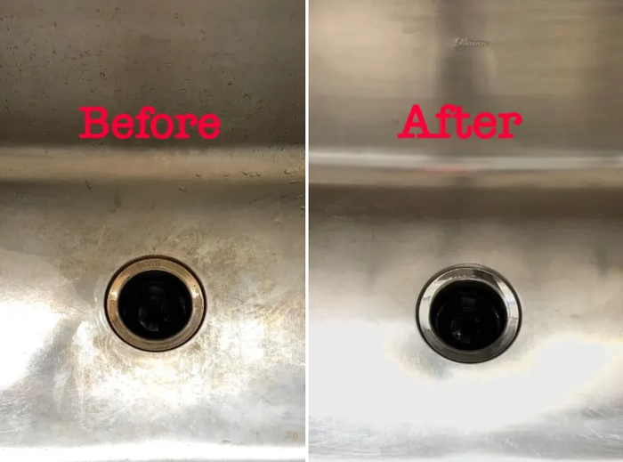 A side-by-side comparison showing a rusty sink on the left, and the same sink looking sparkling clean and shiny after using the product on the right