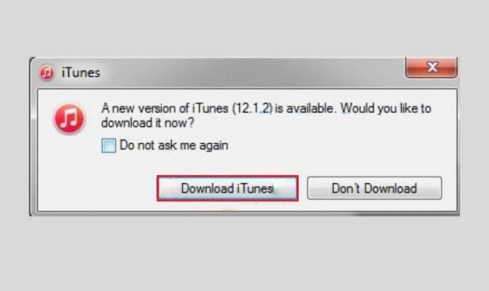 Nhấn vào nút Download iTunes trong cửa sổ thông báo