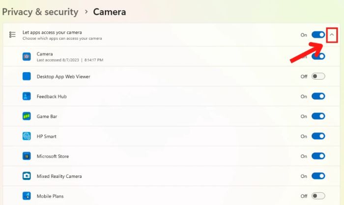 Nhấn vào mũi tên tại mục Let apps access your camera để mở rộng danh sách các ứng dụng có quyền truy cập vào camera