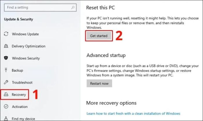 Nhấn Get started dưới mục Reset this PC