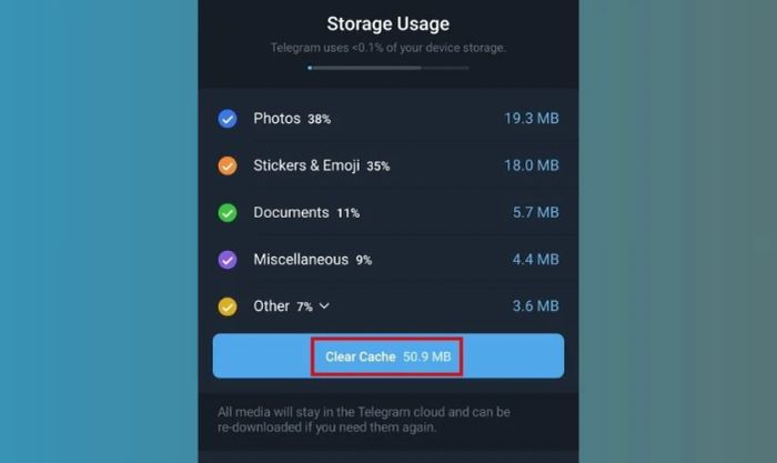Chạm vào nút Clear Cache để giải quyết sự cố không gửi được tin nhắn trên Telegram