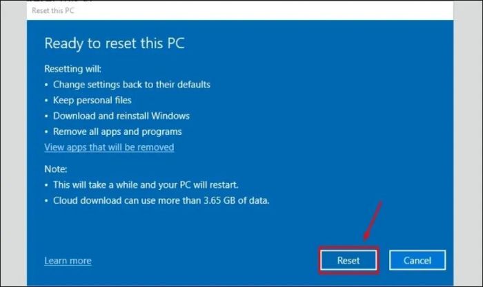 Nhấn Reset để hệ thống bắt đầu quá trình thực hiện.