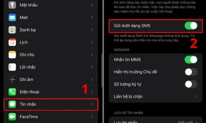 Chọn mục Tin nhắn và bật nút Gửi dưới dạng SMS để kích hoạt lại tính năng gửi tin nhắn.