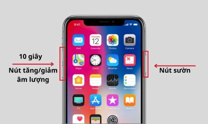 Nhấn và giữ đồng thời nút sườn và nút giảm âm lượng trong 10 giây