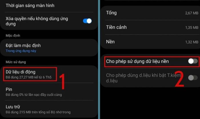Tắt nút gạt sang trái ở mục Cho phép sử dụng dữ liệu nền
