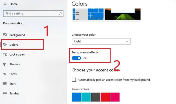 Tìm và mở Colors rồi tắt đi tùy chọn Transparency effects để giảm tải hiệu ứng đồ họa.