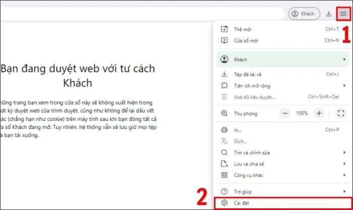 Mở trình duyệt Cốc Cốc, nhấn vào biểu tượng ba dấu gạch ngang