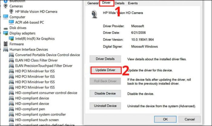 Chọn tab Driver rồi bấm Update Driver