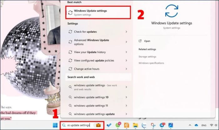 Tìm và chọn Windows Update Settings trong ô tìm kiếm