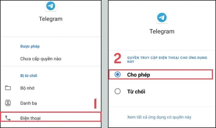 Kiểm tra quyền truy cập của Telegram khi không nhận được cuộc gọi