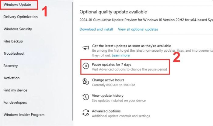 Trong phần Cập nhật Windows (Windows Update), chọn Tạm dừng trong 7 ngày (Pause for 7 days)