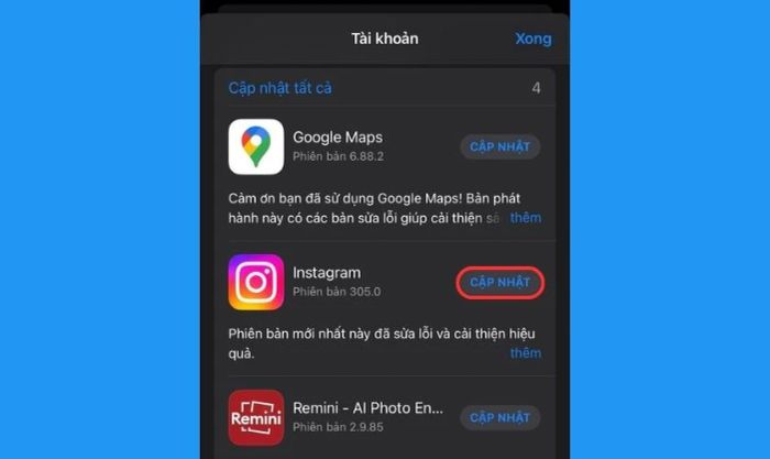 Tìm ứng dụng Instagram và nhấn vào Cập nhật