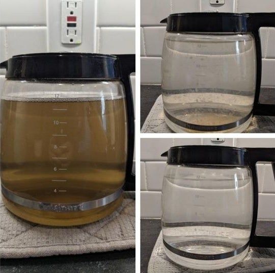 Reviewer collage featuring before-and-after images of a cleaned coffee pot