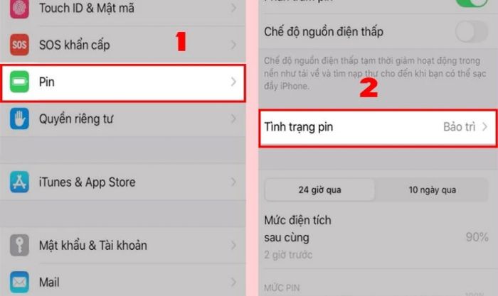 Vào mục Pin trong Cài đặt, sau đó nhấn vào Tình trạng pin