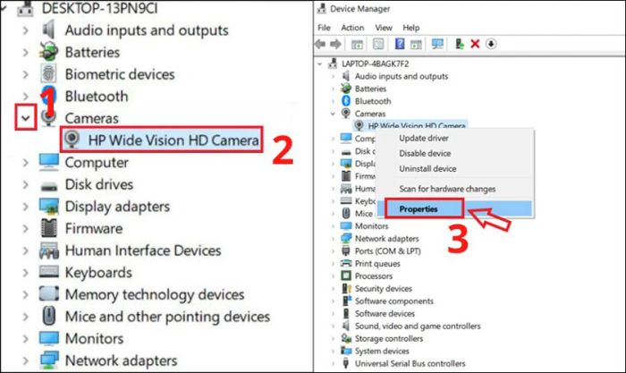 Nhấp chuột phải vào webcam và chọn Properties