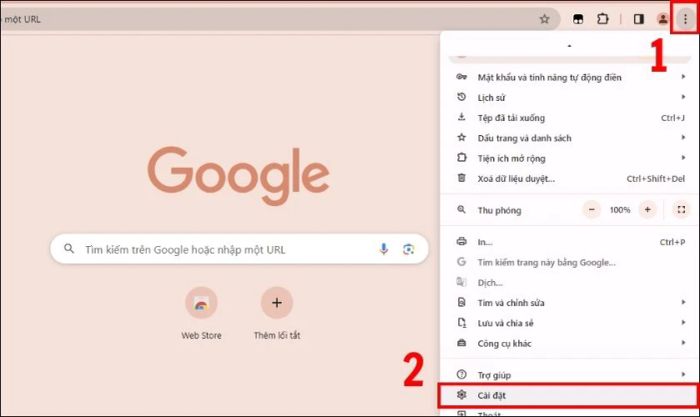 Nhấn vào biểu tượng ba dấu chấm ở góc phải màn hình, sau đó chọn Cài đặt