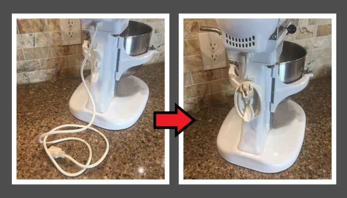 Before-and-after image showing an unorganized cord on the left and a neatly wrapped cord on the right using the organizer