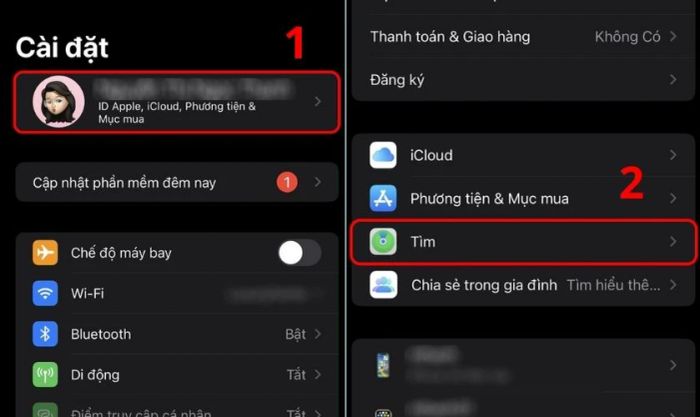 Vào Cài đặt, chọn Tài khoản ID Apple và nhấn vào Tìm khi iPhone không lên nguồn.