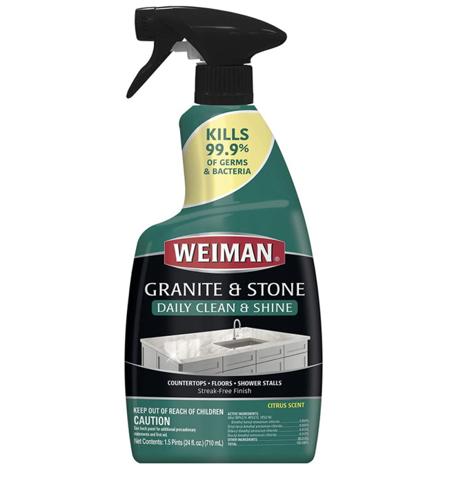 A bottle of Weiman's granite and stone cleaner