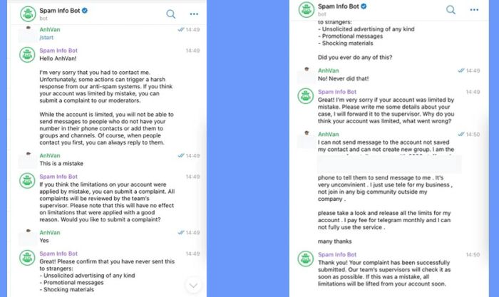 Telegram không thể gửi tin nhắn vì tài khoản bị hệ thống chặn do hành động gửi spam liên tục
