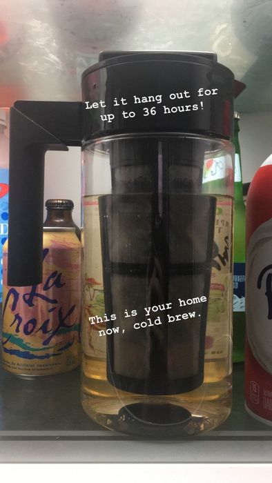 A Mytourer review photo of the cold brew jug before brewing with a caption stating, 'Let it steep for up to 36 hours'